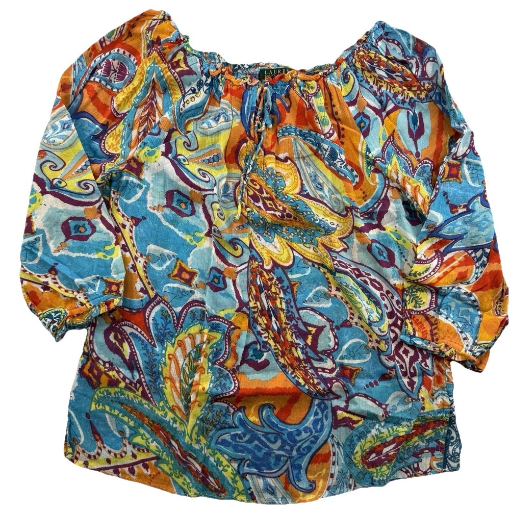 Lauren Ralph Lauren Bright Paisley Print Boho Top Elastic /Drawsting Neckline S